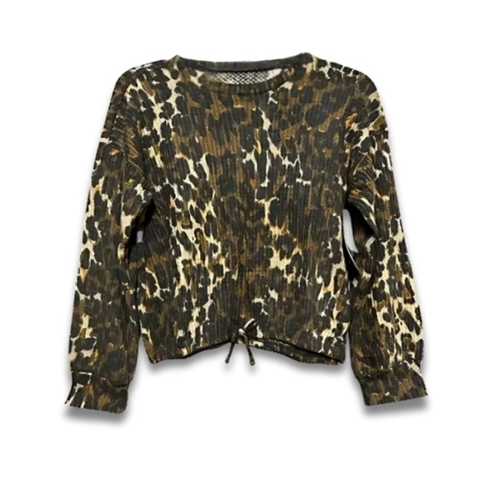 Treasure & Bond Pullover Sweater Long Sleeve Leopard Print Waffle Knit Brown L